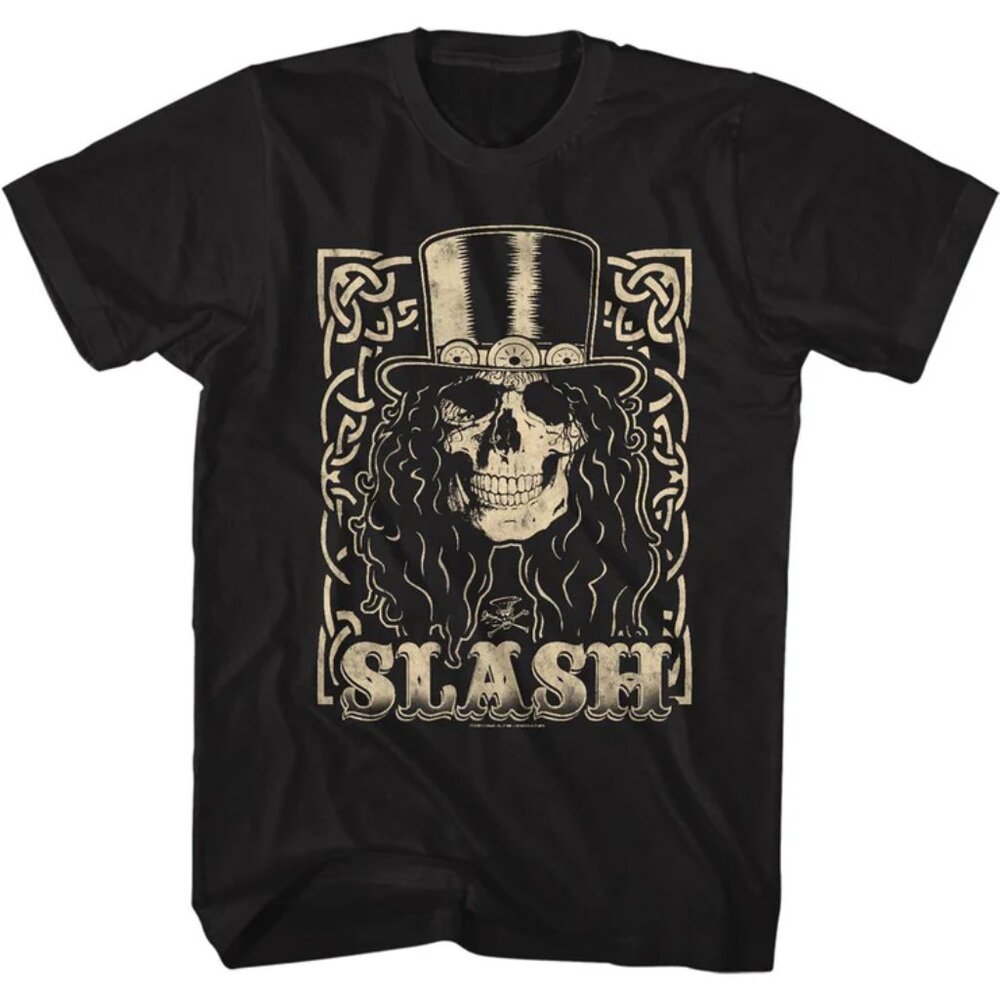 SLASH Skull Cream Top Hat Black Short Sleeve 100% Cotton T-Shirt - Large